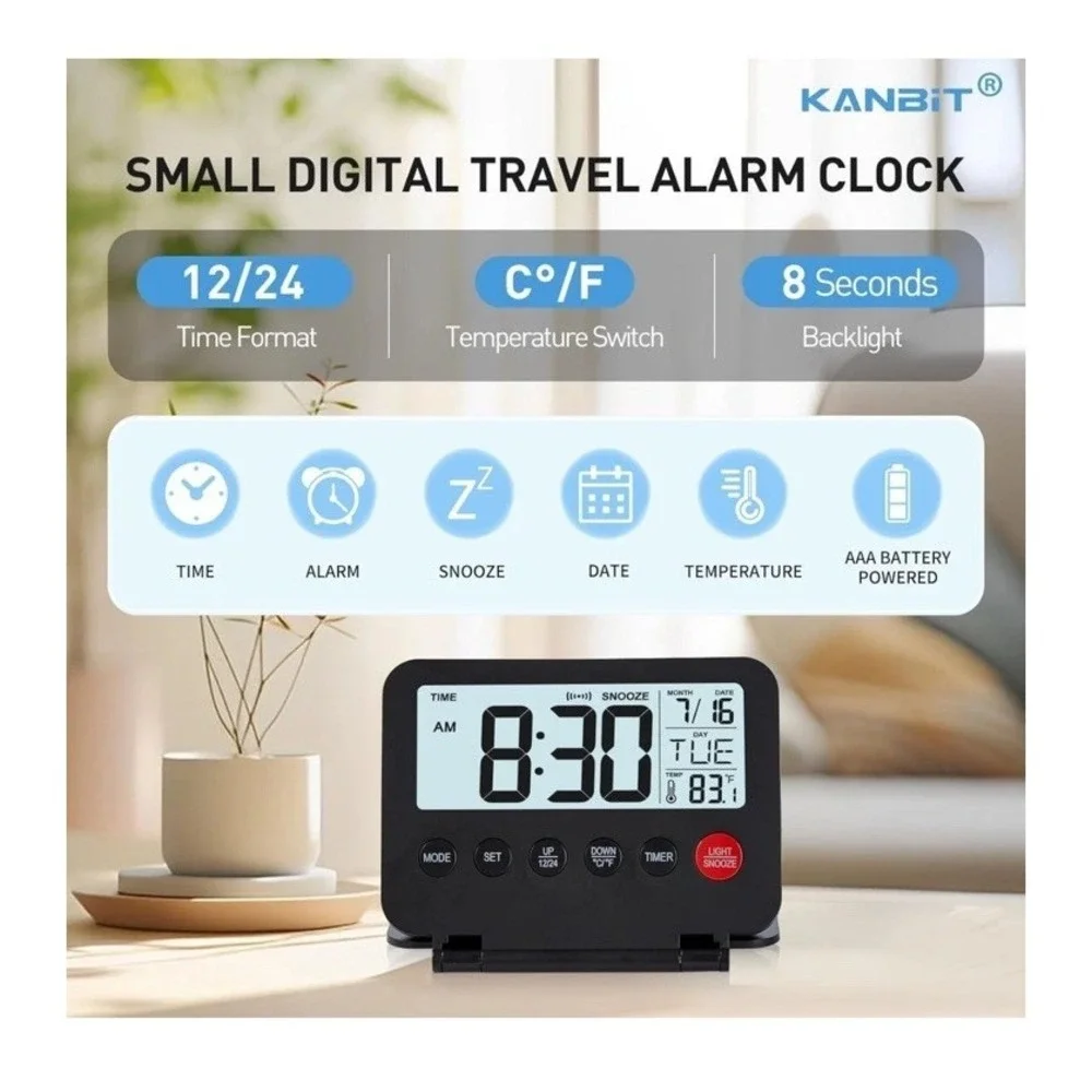 Small Digital Travel Alarm Clock, Large LCD‎ Display Front Button with Black